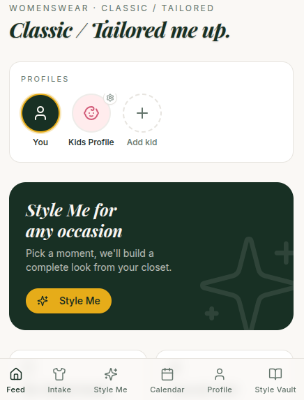 Fashion Fix app showing profile selection and Style Me card